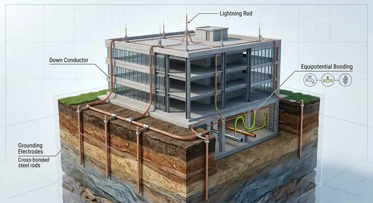 Tiếp Địa Chống Sét Là Gì, Sơ đồ kỹ thuật cấu tạo hệ thống tiếp địa chống sét bao gồm cọc tiếp địa, dây dẫn và mối hàn hóa nhiệt