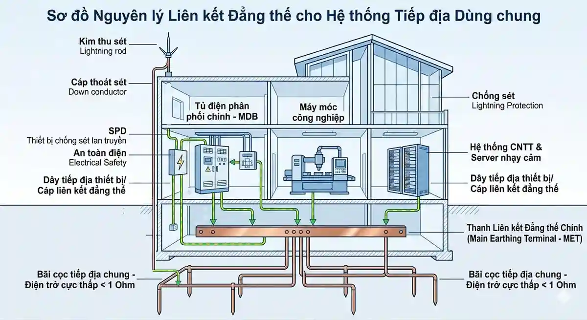 Hệ thống tiếp địa dùng chung được không, Một sơ đồ mặt cắt tòa nhà, cho thấy kim thu sét, vỏ thiết bị điện, và vỏ máy chủ đều có dây dẫn về một thanh đồng chung (MET) dưới hầm, sau đó mới nối ra bãi cọc